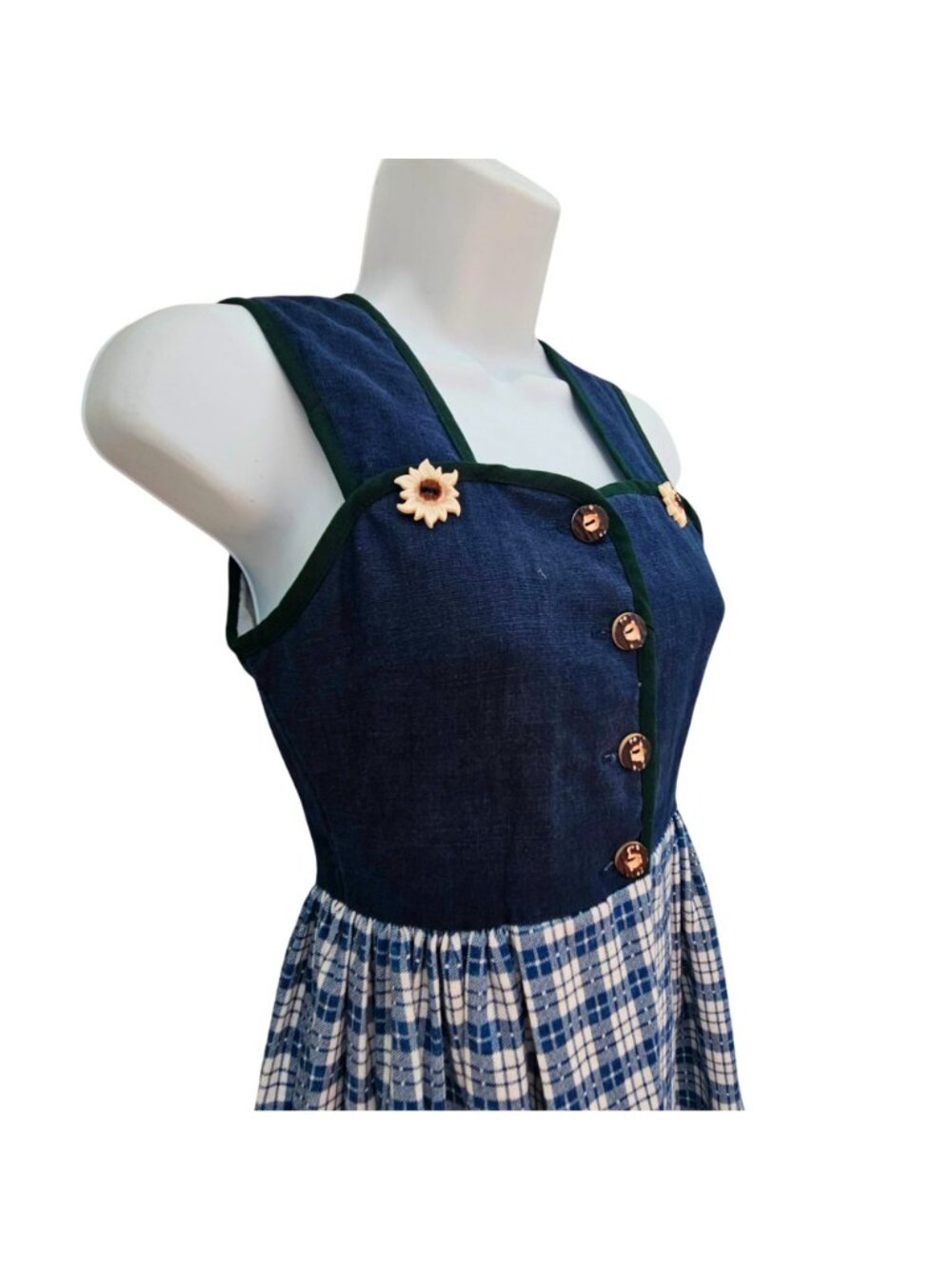 Vintage 80s 90s Handmade Dirndl Dress Blue and White Cotton Polyester XXS - Picture 15 of 16
